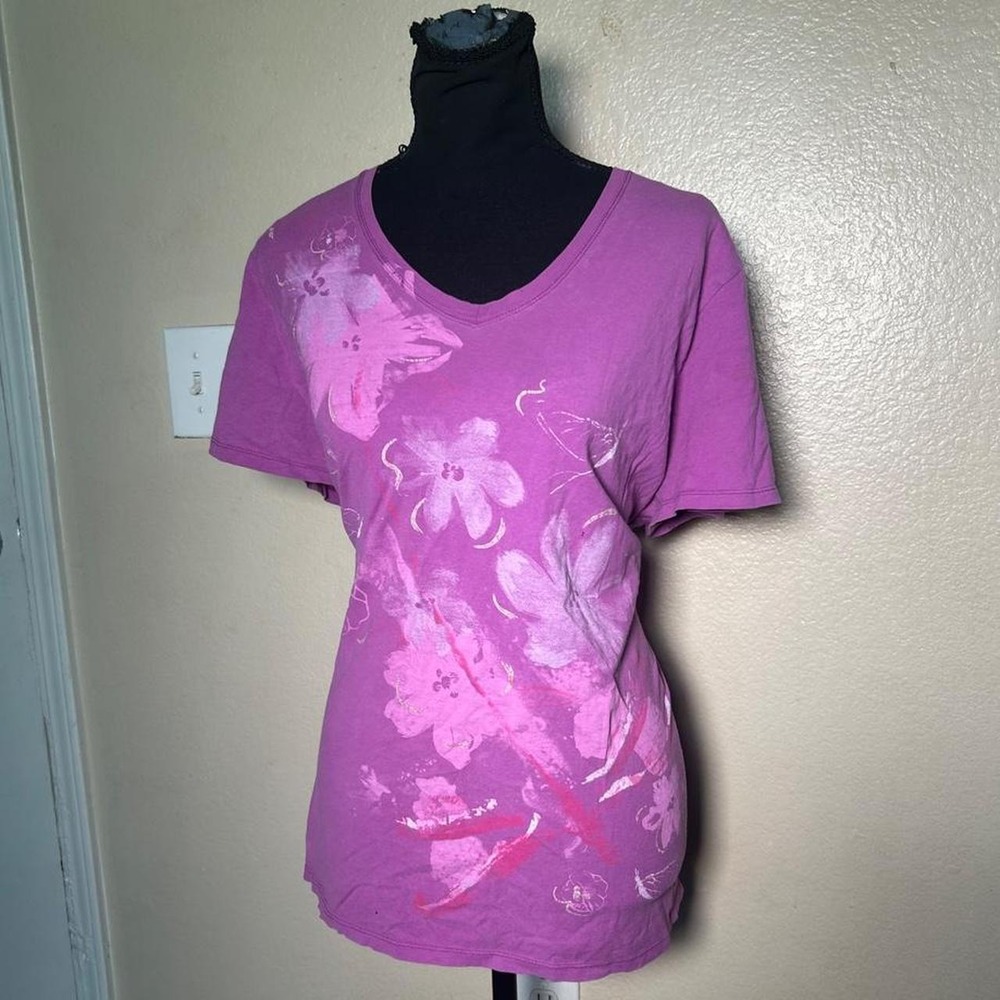 Just My Size Y2K Purple Floral Graphic T-Shirt 2XL V-Neck Fairycore Vintage